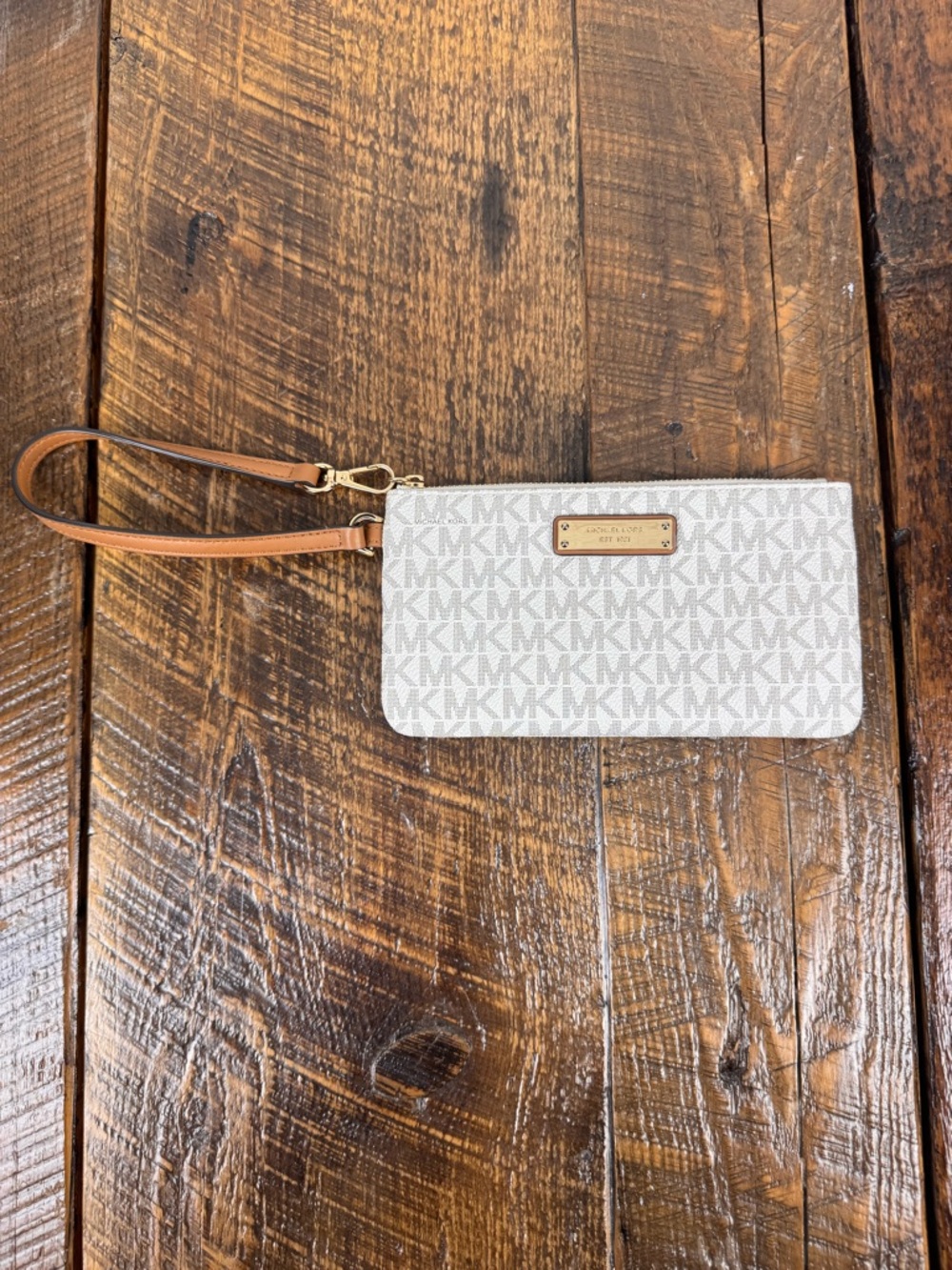 Michael Kors Vanilla MK Logo Wristlet Brown Leather Strap Zip Pouch